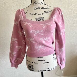 Willow and Wind Coquette Pink Bow Puff Sleeve Pullover Sweater